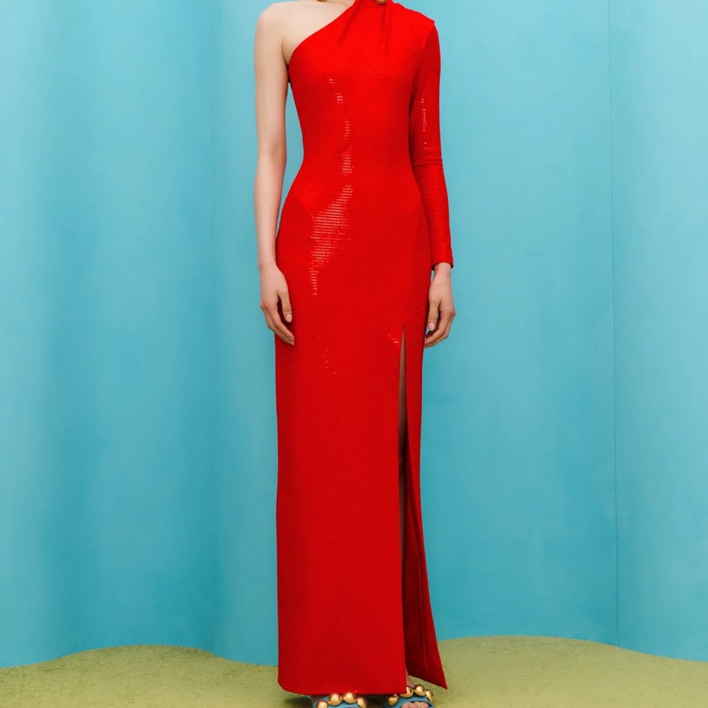 One sleeve red sequin Solace London dress